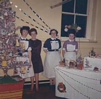 Christmas 1963 E1 ward, Sister Crompton - Nurse Margaret Bradbury in mufti - Sister Haseldine - next pupil nurse unknown. 